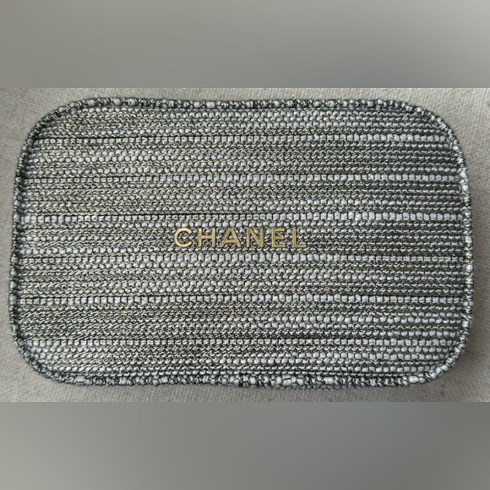 CHANEL Beauty Black & White Tweed Woven Cosmetic Bag/ Pouch w/ Gold Logo. New!
